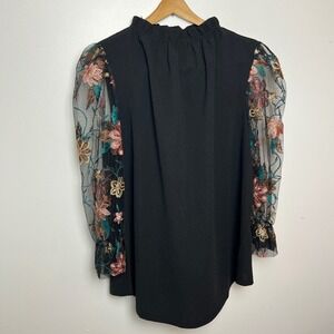 Chic Black Stem & Vine Women's Dress Blouse Sheer Sleeves Embroidered Flowers 2X
